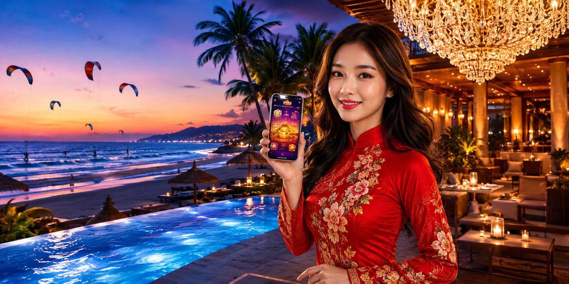 Phụ nữ mặc áo dài trải nghiệm ứng dụng casino tại khu nghỉ dưỡng Mũi Né, minh họa dịch vụ giải trí trực tuyến